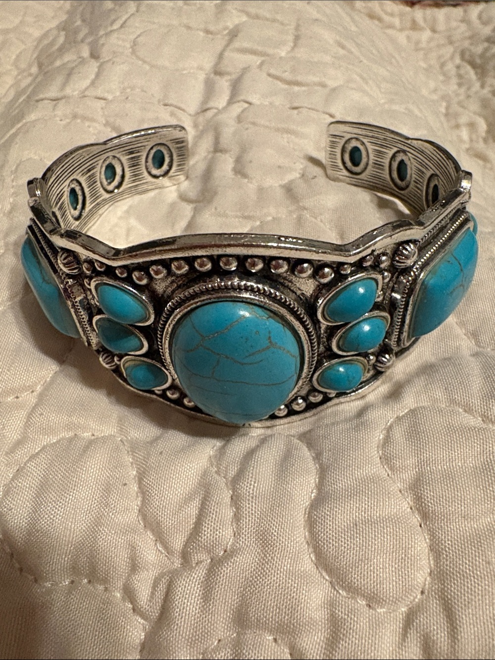 Large Silver-Tone & Faux Turquoise Stone Cuff Bracelet